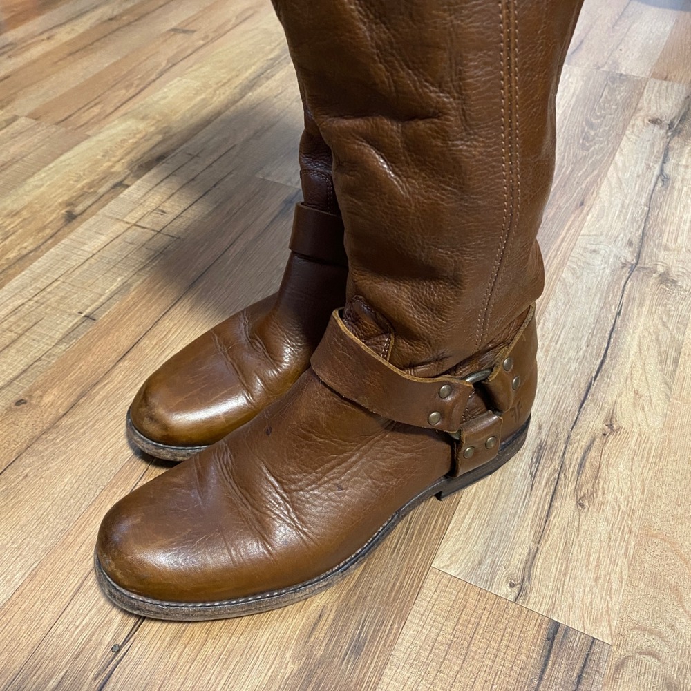 Frye Harness 8R Back Zip Tall Brown Leather Moto Riding Boots Womens Size 7.5B